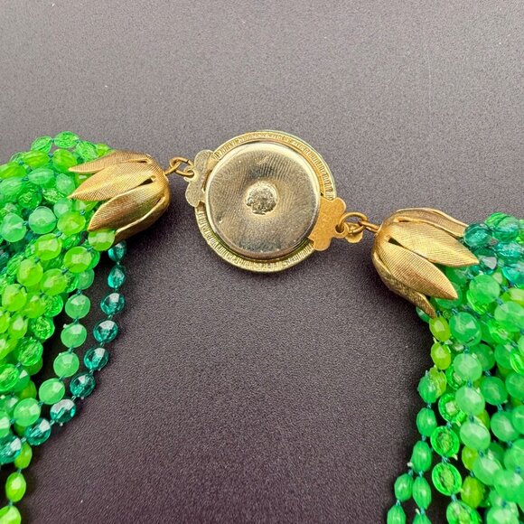 Vintage Multi-Strand Green Plastic Beaded Collar Necklace With Gold-Tone Ornate - Picture 7 of 8